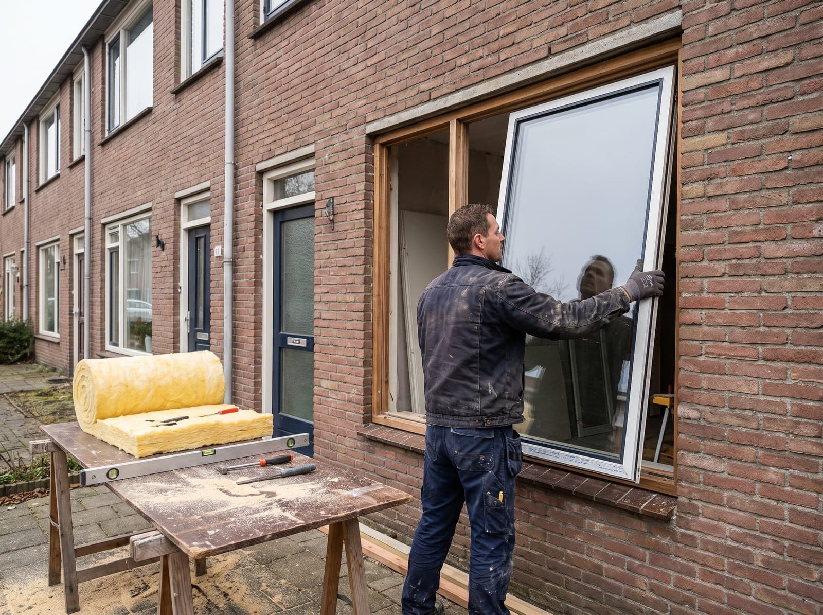 Vakman plaatst isolerende beglazing in een houten kozijn